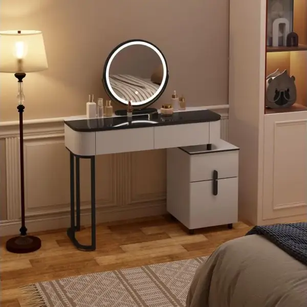 Coiffeuse Avec Miroir LED,3 Couleurs,table Maquillage Avec Plateau En Verre Trempé,tiroirs,armoire