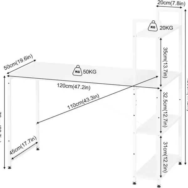Bureau Avec Étagères à 4 Niveaux,bureau Dordinateur Avec Rangement,en Bois,120x120x50cm,blanc