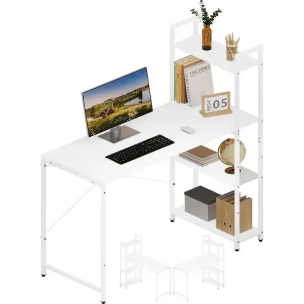 Bureau Avec Étagères à 4 Niveaux,bureau Dordinateur Avec Rangement,en Bois,120x120x50cm,blanc