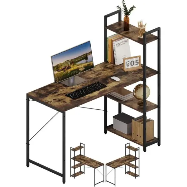 Bureau Avec Étagères à 4 Niveaux,bureau Dordinateur,en Bois,120x120x50cm,marron Rustique Et Noir