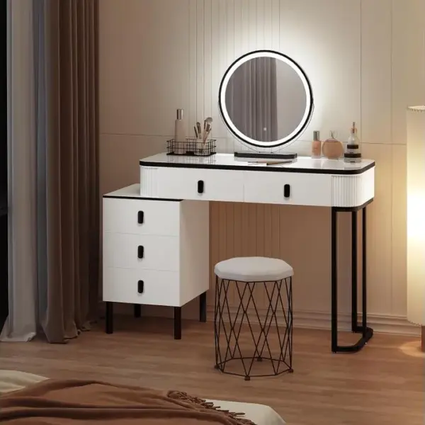 Coiffeuse Avec Miroir LED Réglable+tabouret,table Maquillage Avec 2 Tiroirs 1 Commode,100x40x125cm