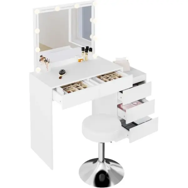 Coiffeuse Avec Miroir,led Variable,table De Maquillage Avec 5 Tiroirs Et Tabouret Pivotant,blanc