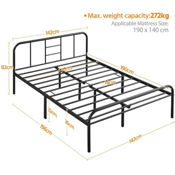 Cadre De Lit 140 X 190 Cm Double En Métal Pour Adultes Noir