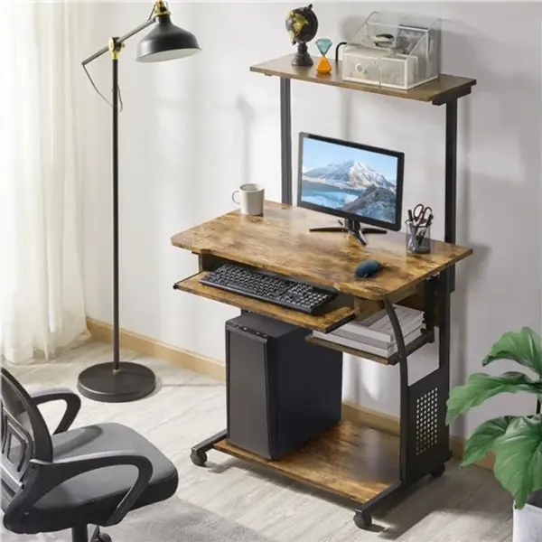 Bureau Informatique Avec 3 Tablettes De Rangement Marron Rustique