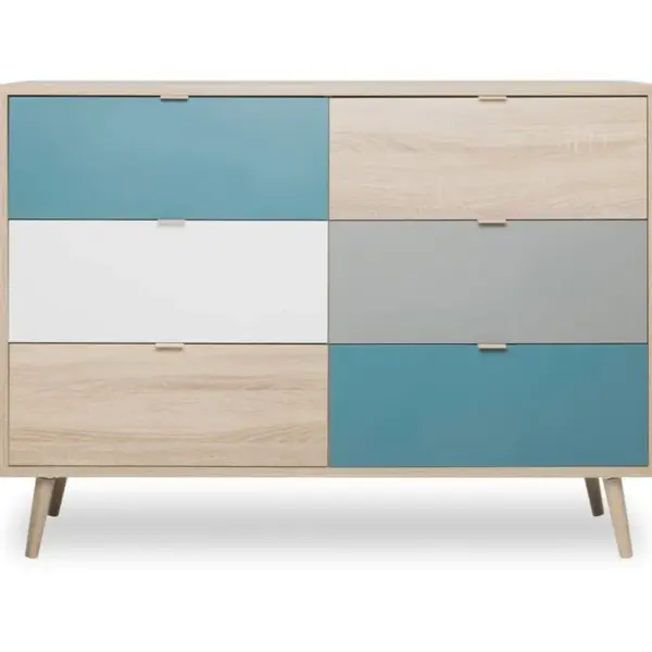 Commode scandinave 6 tiroirs ARUBA Chêne, bleu, gris et blanc