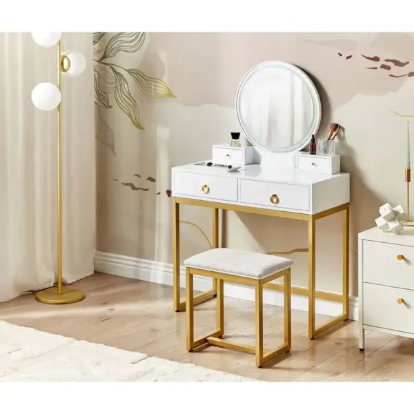 Coiffeuse Blanc Et Doré Avec Miroir à LED Et Tabouret Auxon