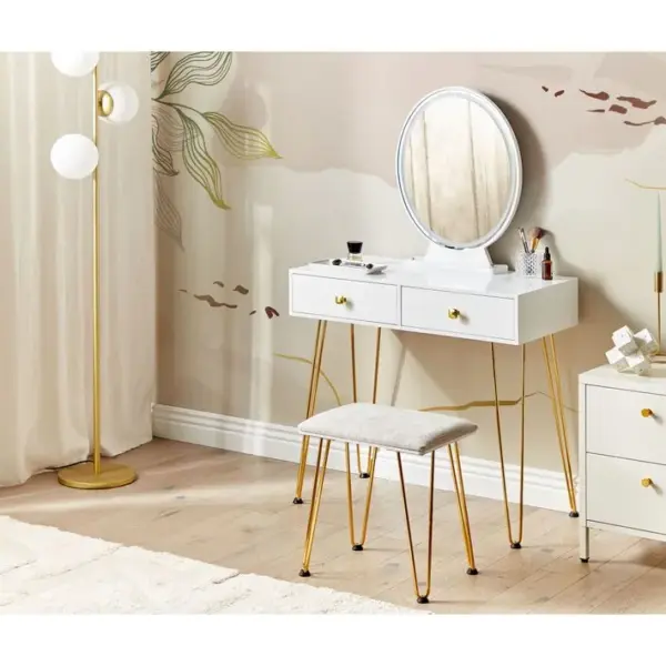 Coiffeuse Blanc Et Doré Avec Miroir à LED Et Tabouret Caen