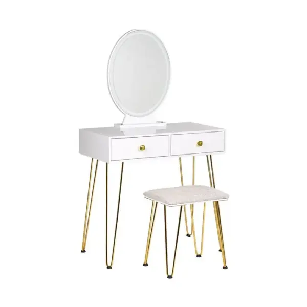 Coiffeuse Blanc Et Doré Avec Miroir à LED Et Tabouret Caen