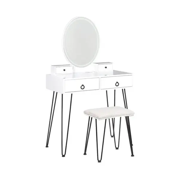 Coiffeuse Blanc Et Noir Avec Miroir à LED Et Tabouret Soye