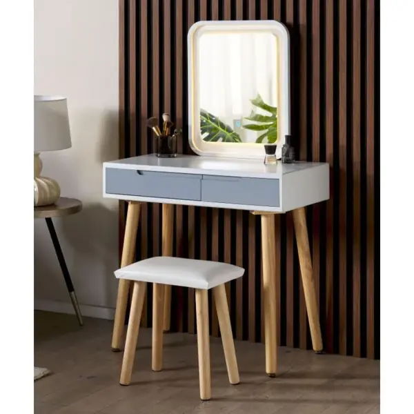 Coiffeuse Blanc Et Gris Avec 2 Tiroirs Un Miroir à LED Et Un Tabouret Dieppe