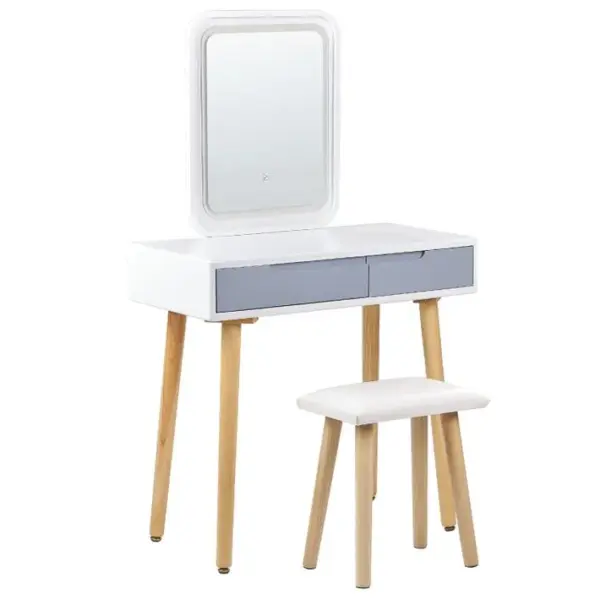 Coiffeuse Blanc Et Gris Avec 2 Tiroirs Un Miroir à LED Et Un Tabouret Dieppe