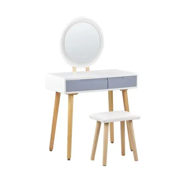 Coiffeuse Blanc Et Gris Avec 2 Tiroirs Un Miroir à LED Et Un Tabouret Josselin