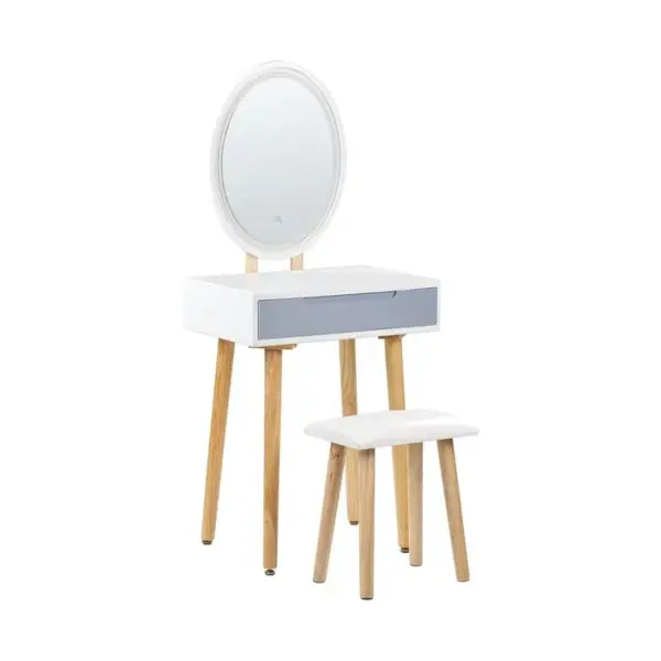 Coiffeuse Blanc Et Gris Avec 1 Tiroir Un Miroir à LED Et Un Tabouret Vesoul