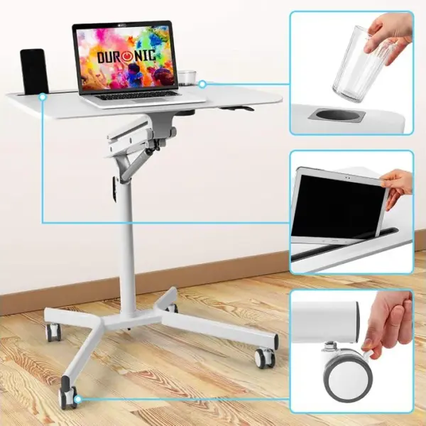 Wps57 Table De Travail Mobile Blanc - Support De Tablette - Hauteur Ajustable - Capacité 10 Kg