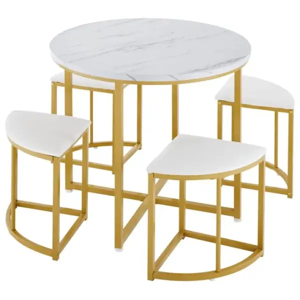 Ensemble Table Et Assise Avec 1 Table Ronde Et 4 Tabourets En Forme Déventail Blanc