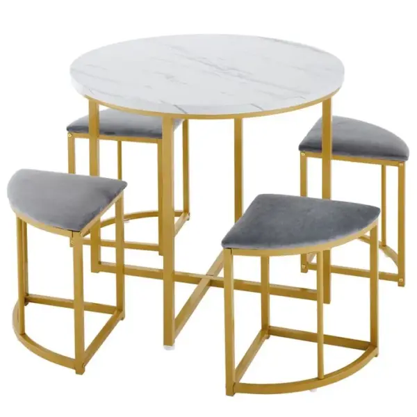 Ensemble Table Et Assise Avec 1 Table Ronde Et 4 Tabourets En Forme Déventail Gris