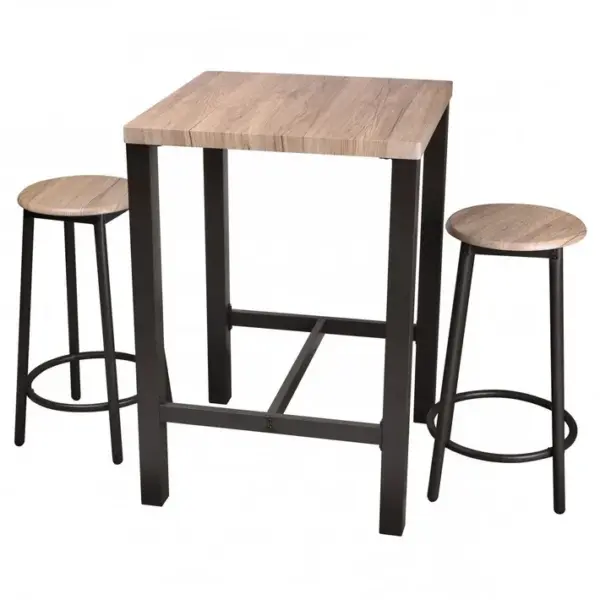 Ensemble De Table De Bar Carrée 60 X 60 X 86 Cm + 2 Tabourets En Bois Struture En Métal Noir