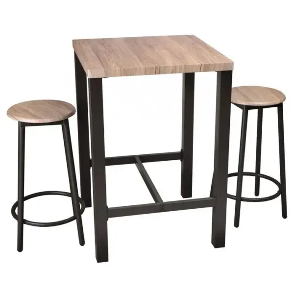 Ensemble De Table De Bar Carrée 60 X 60 X 86 Cm + 2 Tabourets En Bois Struture En Métal Noir