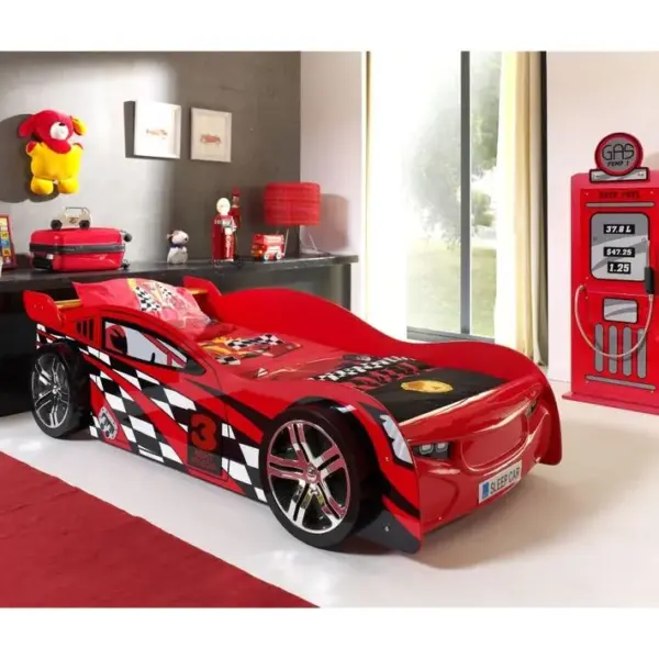 Pack - Lit Enfant Voiture night Speeder et Armoire 1 Porte pompe à Essence Rouge