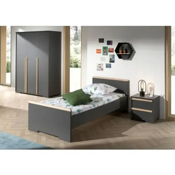 Pack - Lit Enfant, Chevet et Armoire 3 Portes london Gris Anthracite