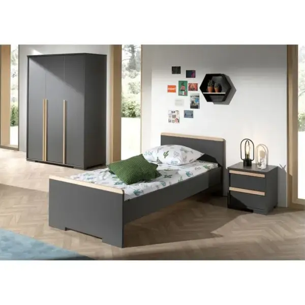 Pack - Lit Enfant, Chevet et Armoire 3 Portes london Gris Anthracite