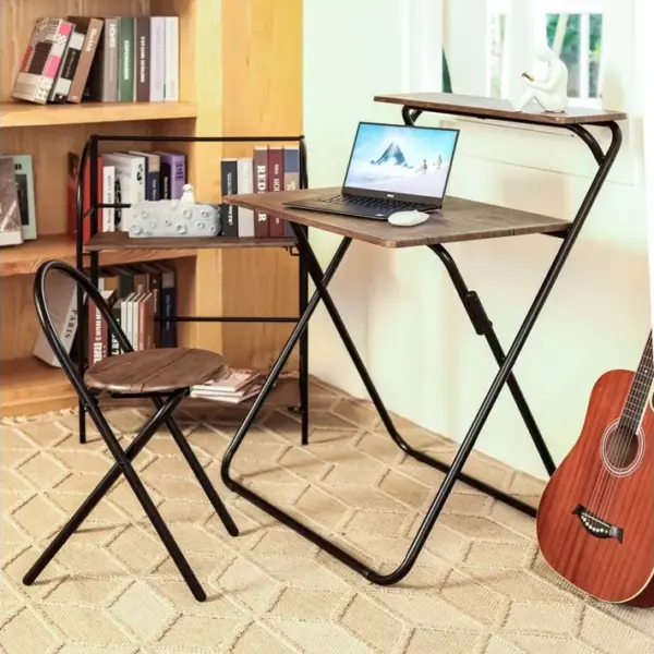 Ensemble Bureau Et Chaise Et Étagère Pliable Bois Métal