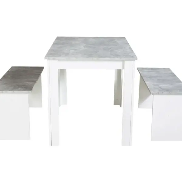 Ensemble table à manger et 2 bancs design PASTA Blanc et imitation béton