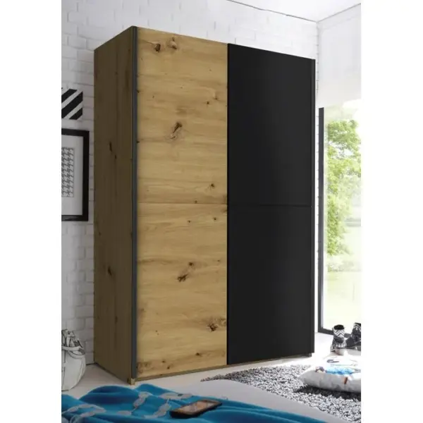 Armoire 2 portes coulissantes L.125 cm FAST imitation chêne artisan/ noir