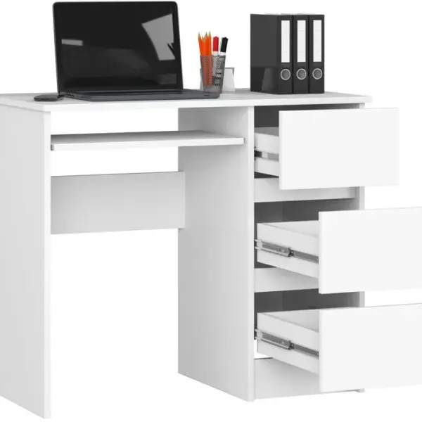 Bureau Dordinateur Droit A6 Blanc 90 Cm 3 Tiroirs Façade Blanche 1 Étagère 90x50x77 Cm