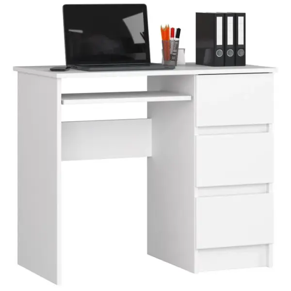 Bureau Dordinateur Droit A6 Blanc 90 Cm 3 Tiroirs Façade Blanche 1 Étagère 90x50x77 Cm