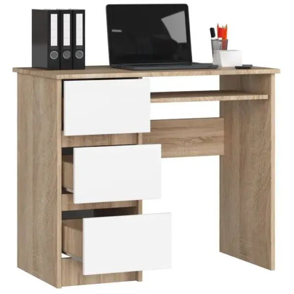 Bureau Dordinateur Gauche A6 Sonoma 90 Cm 3 Tiroirs Façade Blanche 1 Étagère 90x50x77 Cm