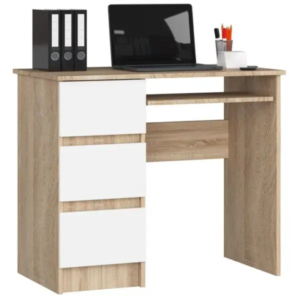 Bureau Dordinateur Gauche A6 Sonoma 90 Cm 3 Tiroirs Façade Blanche 1 Étagère 90x50x77 Cm