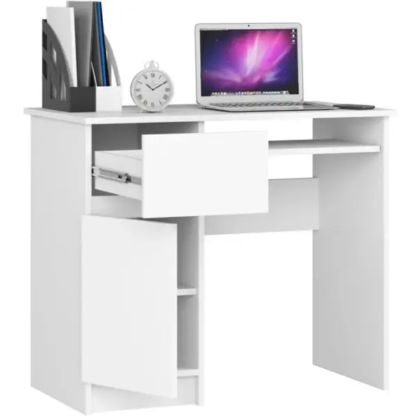 Bureau Dordinateur Gauche Piksel Blanc 90 Cm 1 Porte 1 Tiroir Façade Blanche 3 Étagères