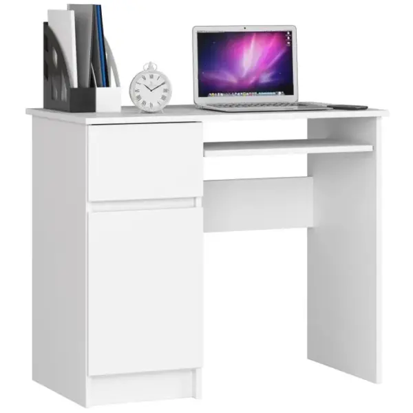 Bureau Dordinateur Gauche Piksel Blanc 90 Cm 1 Porte 1 Tiroir Façade Blanche 3 Étagères