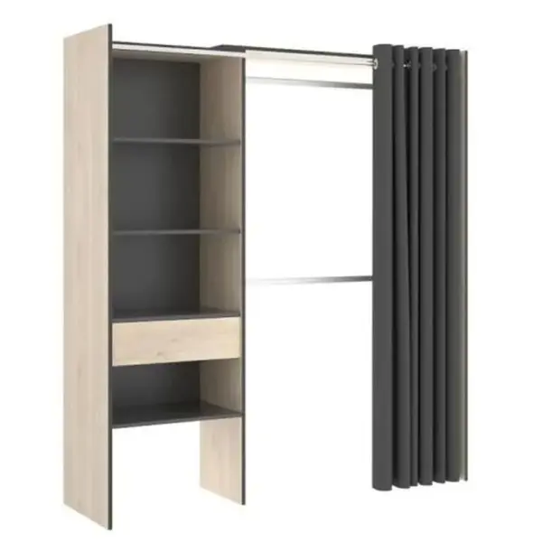 Armoire Dressing Extensible Avec Rideau + 1 Tiroir - L. 110-160 X H. 203 X P. 50 Cm