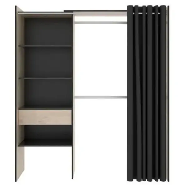 Armoire Dressing Extensible Avec Rideau + 1 Tiroir - L. 110-160 X H. 203 X P. 50 Cm