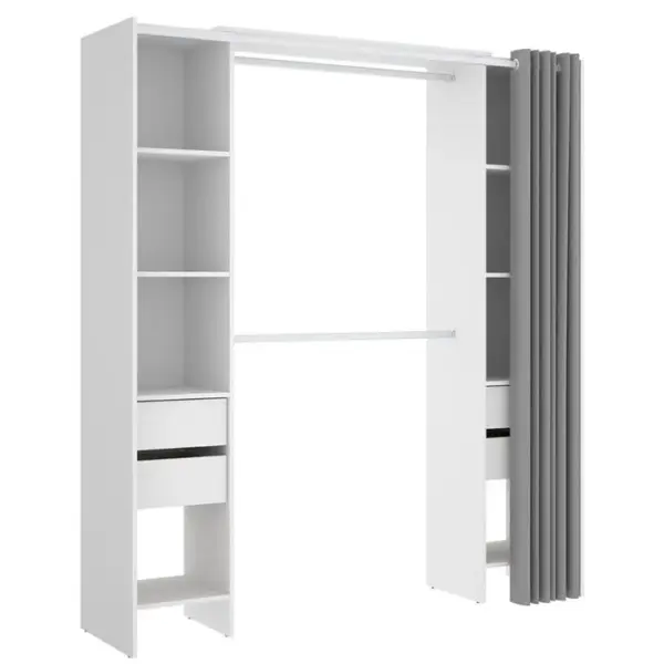 Armoire Dressing Extensible Avec Rideau + 4 Tiroirs Coloris Blanc - L. 100-180 X H. 203 X P. 50 Cm