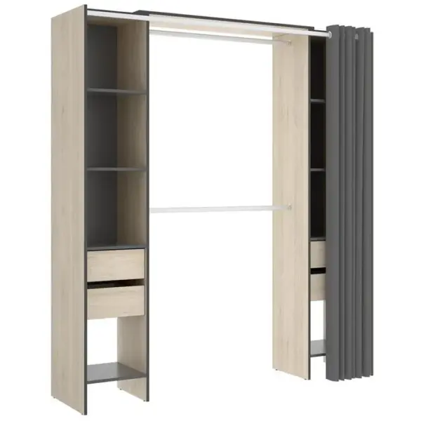 Armoire Dressing Extensible Avec Rideau + 4 Tiroirs - L. 100-180 X H. 203 X P. 50 Cm