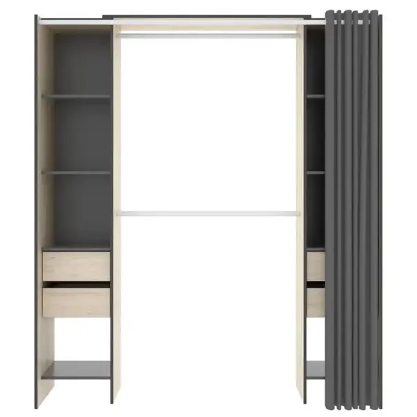 Armoire Dressing Extensible Avec Rideau + 4 Tiroirs - L. 100-180 X H. 203 X P. 50 Cm