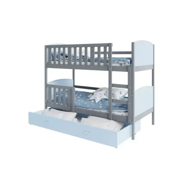 Lit Superposé Tomy 90x190 Gris - Bleu Livré Avec Sommiers, Tiroir Et Matelas En Mousse De 7cm