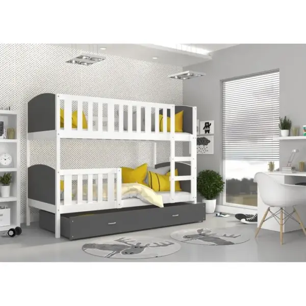 Lit Superposé Tomy 90x190 Blanc - Gris Livré Avec Sommiers, Tiroir Et Matelas En Mousse De 7cm