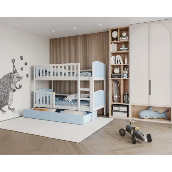 Lit Superposé Tomy 90x190 Blanc - Bleu Livré Avec Sommiers, Tiroir Et Matelas En Mousse De 7cm