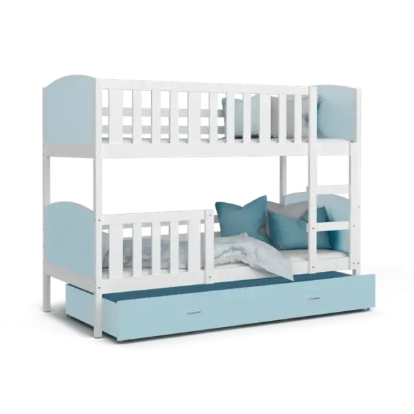 Lit Superposé Tomy 90x190 Blanc - Bleu Livré Avec Sommiers, Tiroir Et Matelas En Mousse De 7cm