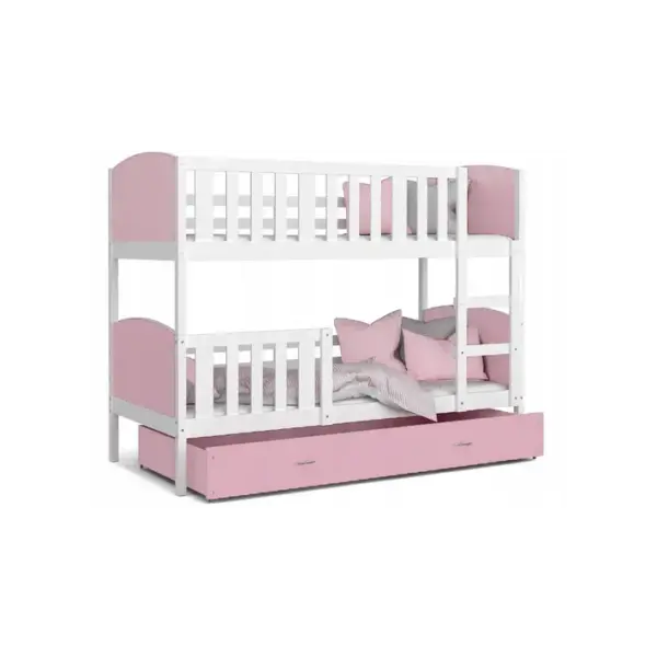 Lit Superposé Tomy 90x190 Blanc - Rose Livré Avec Sommiers, Tiroir Et Matelas En Mousse De 7cm