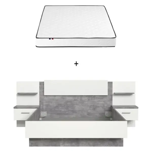 Ensemble LIT avec chevet GINGER imitation beton et blanc + Matelas ADEONA 140X190CM