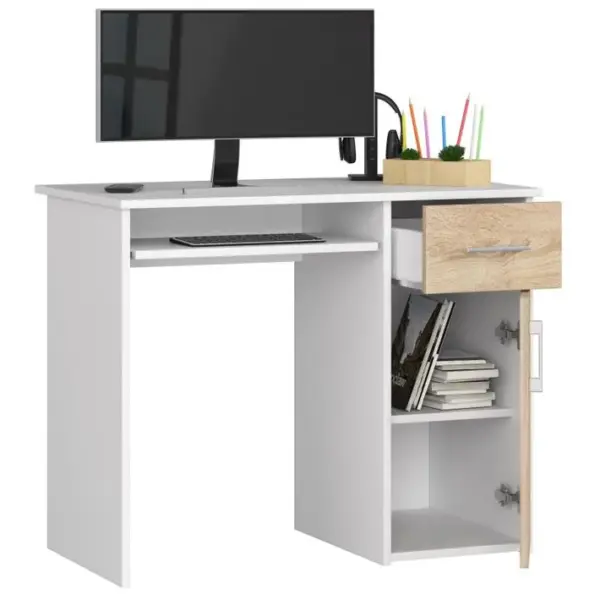 Bureau Dordinateur Pin Blanc 90 Cm 1 Porte 1 Tiroir Façade Sonoma 3 Étagères 90x50x74 Cm