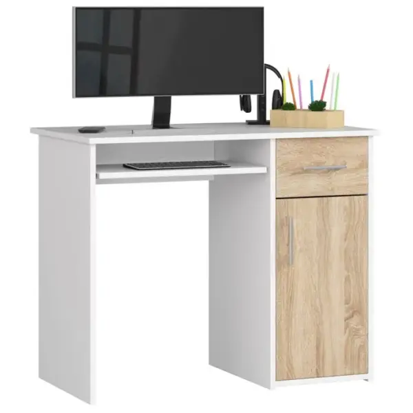 Bureau Dordinateur Pin Blanc 90 Cm 1 Porte 1 Tiroir Façade Sonoma 3 Étagères 90x50x74 Cm