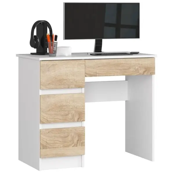 Bureau Dordinateur Gauche A7 Blanc 90 Cm 4 Tiroirs Façade Chêne Sonoma 90x50x77 Cm