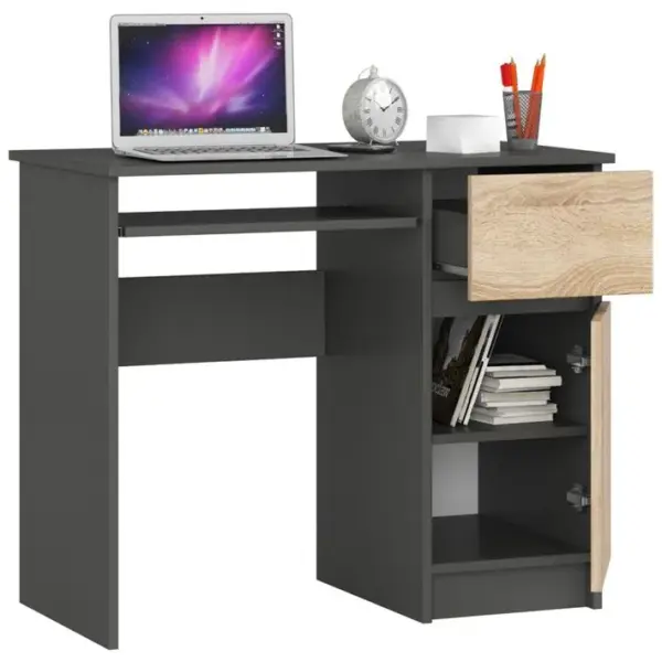 Bureau Dordinateur Akord Droit Piksel Gris Graphite 90 Cm 1 Porte 1 Tiroir 3 Étagères 90x50x77 Cm