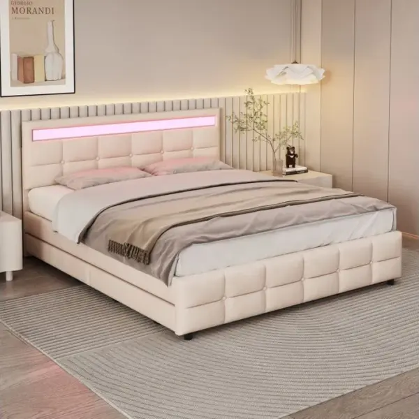 Lit Rembourré 180 X 200 Cm, Lit Double, Cadre De Lit LED Avec 4 Tiroirs,beige